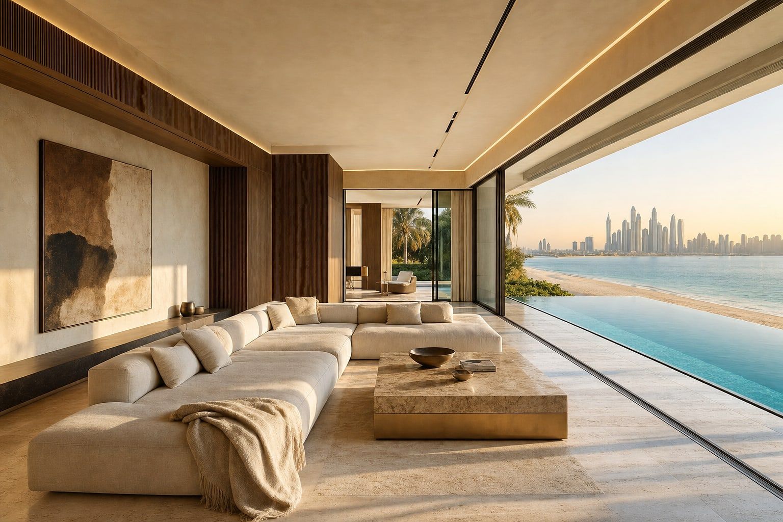 ZuriSpace home hero, a warm contemporary Palm Jumeirah living room at golden hour opening through floor-to-ceiling glass to an infinity pool, a palm-fringed beach and the Dubai Marina skyline beyond