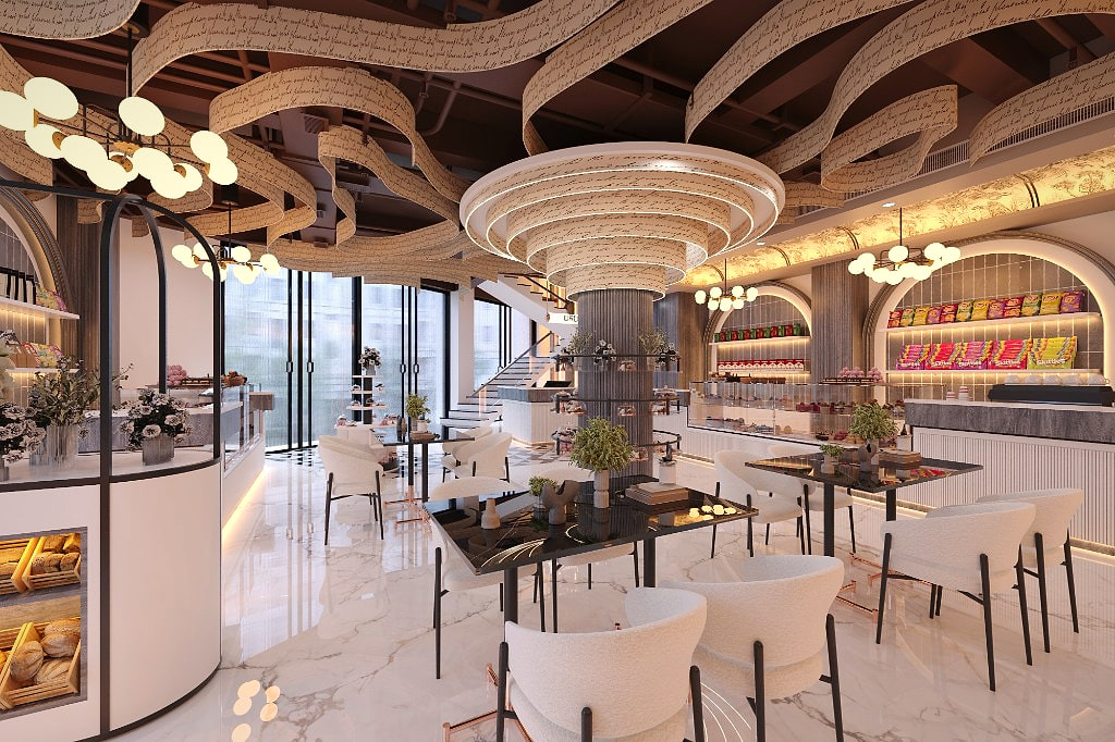 Haldiram's flagship showroom, wide bakery and café floor beneath the storytelling ceiling